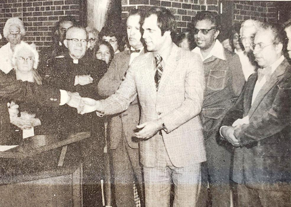One of the highlights of the open house for the new hospital was the presentation of the keys for the building by Ray Thieman, representative for LHHS, to Larry Narum, administrator of the Gregory Hospital and Rosebud Nursing Home. Also shown are Fr. O’Dowd of St. Joseph’s Catholic Church, Victor C. Gilbertson, Architect for Hills, Gilbertson and Fisher, Inc., Dr. K.K. Verma M.D., and Dr. Raymond Nemer M.D.