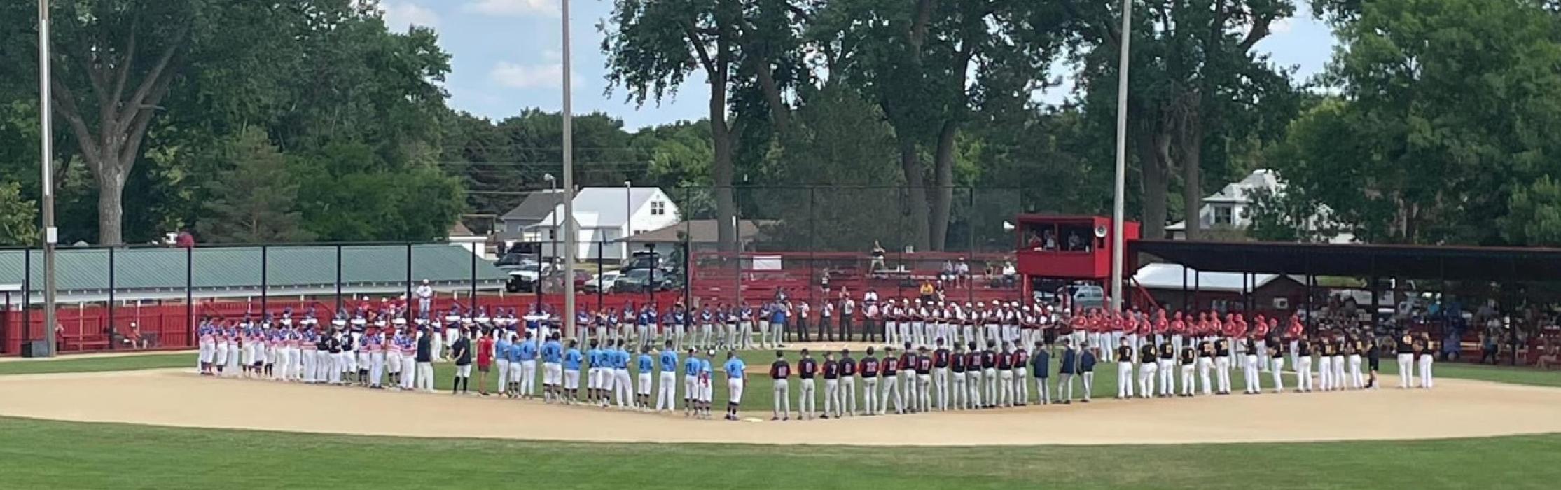 All eight teams competing in the 2022 South Dakota American Legion State Class B Sr. Baseball Tournament lined up around the infield for the official opening of the tournament, hosted by Gregory. After a short program to pay tribute to the late Randy Klein, beloved baseball and softball coach of many years, his son Jacob threw out the first pitch. Klein’s daughters Keeley and Kaydence sang the national anthem.