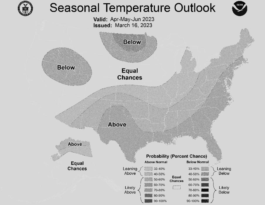 Weather.gov’s outlook for April-June shows that we should expect normal temperatures for the next three months.