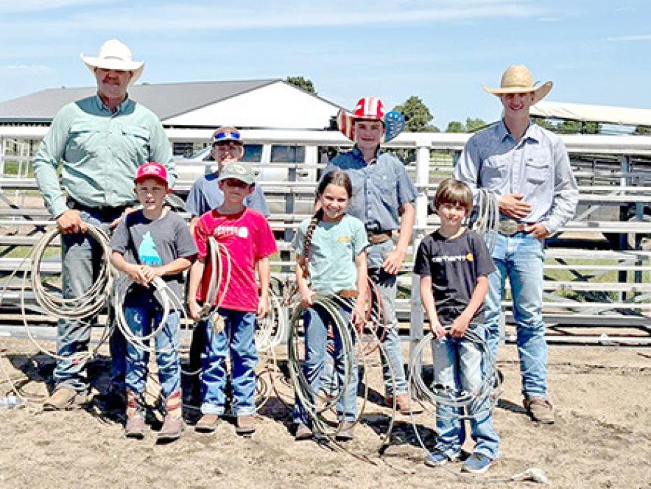 Dummy Roping Pictured back row, l to r; instructor Tye Rozeboom, Copen Findley, Chet Kenzy, and instructor Clayton Gustad. Front Row: Ruger Anderson, Grayson Rivera, Kaisley Kahler, and Miles Steffen.