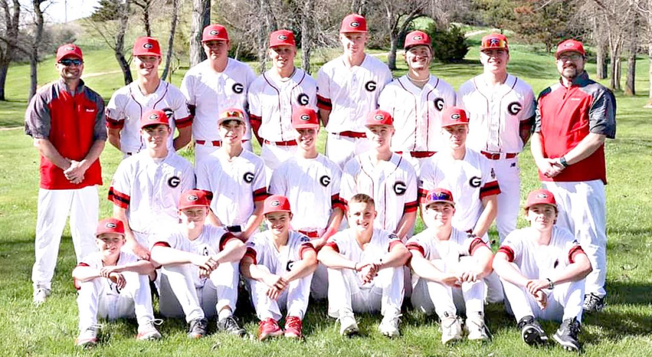 The Gregory County varsity baseball team is shown, standing: Coach Jason Frasch, Rylan Peck, Carter Baumgartner, Kade Braun, Colt Keiser, Jayder Schonebaum, Gannon Thomas, and Coach Andy Thomas; kneeling: Caden Wittmeier, Bryce Bartling, Lincoln Juracek, Jad Leber, and Landon Keiser; sitting: AJ Lutt, Zach Wheeler, Aiden Frasch, Eli Ekroth, Hudson Fuhrer, and Jacob Klein.