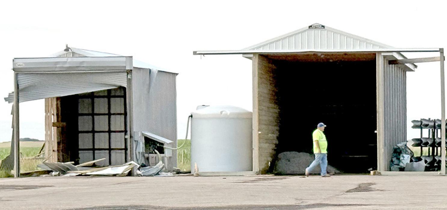 These buildings at the North Star corner show damage from the storm that moved through.