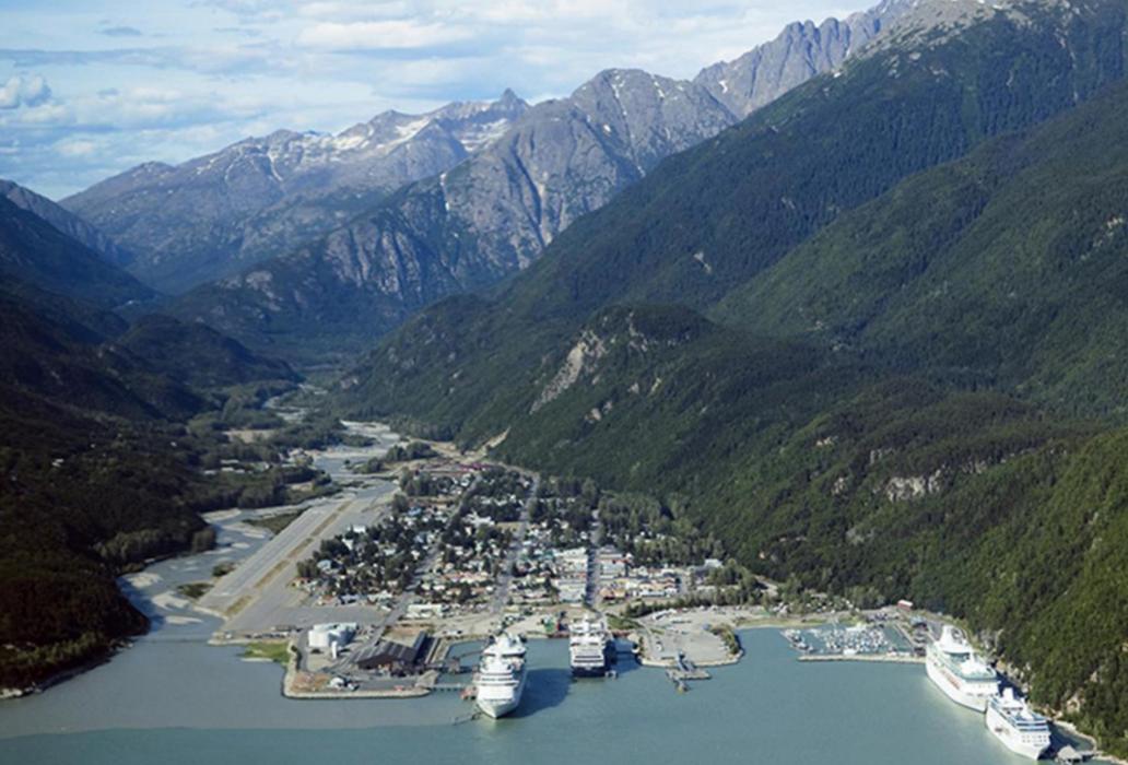 This aerial view shows why Skagway is impossible to access by land from Alaska.