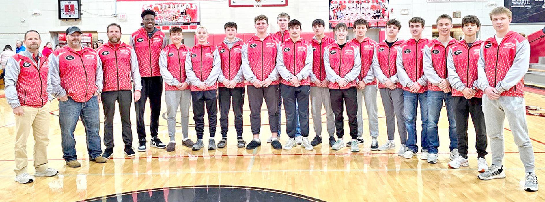 Gregory High School tracksters were recently presented jackets from the Gregory Athletic Boosters for their first place finish at the state track meet. Pictured from l to r: Coach Kurt Stukel, coach Duane Lunne, Dr. Ben Stukel, Daniel Mitchell, Luke Stukel, Paul Sinclair, Cruz Klundt, Rane Kenzy, Colt Keiser, Jhett Eklund, Noah Bearshield, Fin Adams, Jess VanDerPol, Pierce Stukel, Ryler Stevicks, Lincoln Juracek, Luke Barreto, and Landon Keiser.
