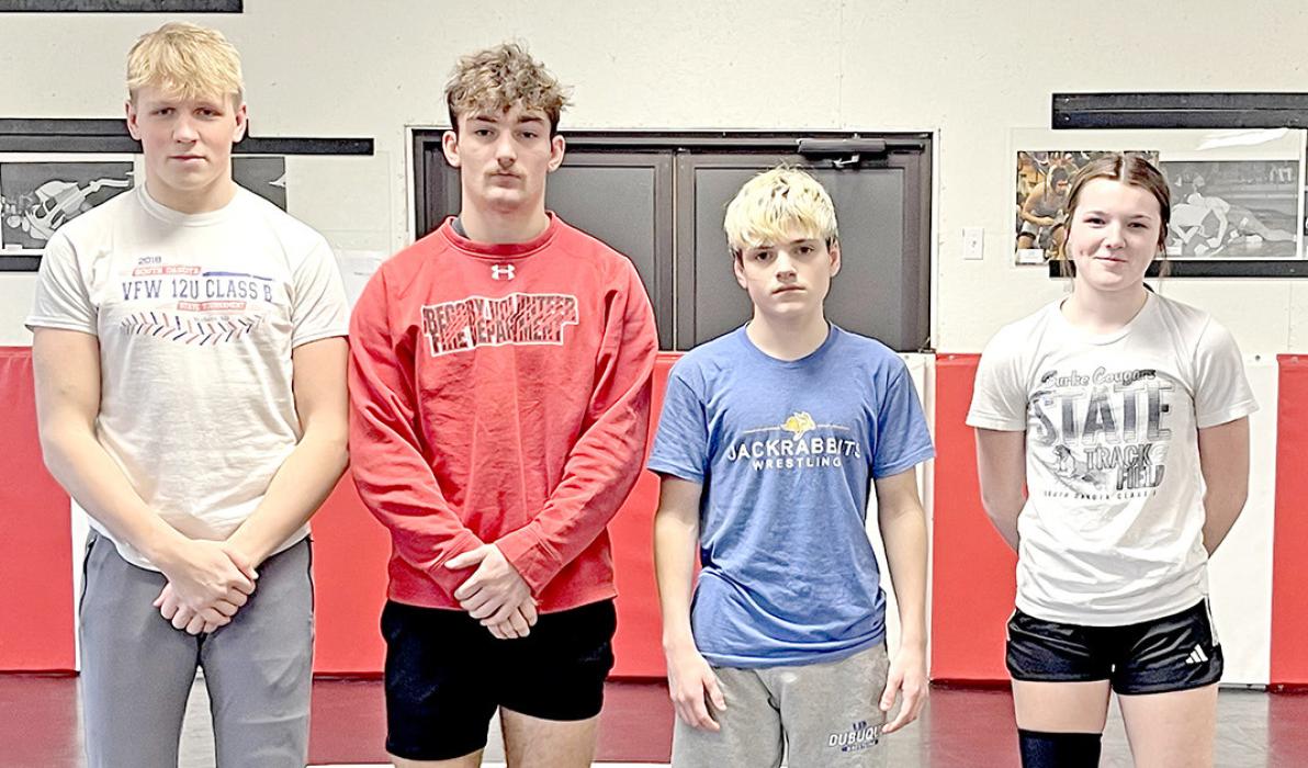 Four Burke/Gregory Storm wrestlers earned a berth in the state wrestling tournament this weekend in Sioux Falls. Shown l to r, Kade Braun is the #8 seed at 215 pounds, Jhett Eklund is the #6 at 190 pounds, Judd Hansen is the #3 seed at 106 pounds, and Daytona Paris is the #16 seed across all classes at 132 pounds.