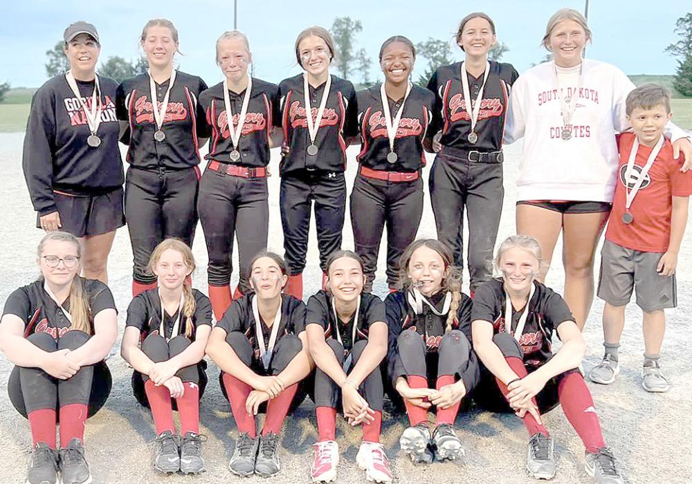 Gregory 14U softball team, back row, l to r: Coach Sarah Sperl, Ella Sperl, Miley Janak, Adelyn Veskrna, Cierra Graesser, Regan Graesser, Coach Gracie Kenzy, and batboy Sawyer Sperl. Front row, l to r: Charissa Ring, Mia Haines, Marisa Fischer, Kennley Sedlacek, Abby Holmes, and Sadie Carlson.