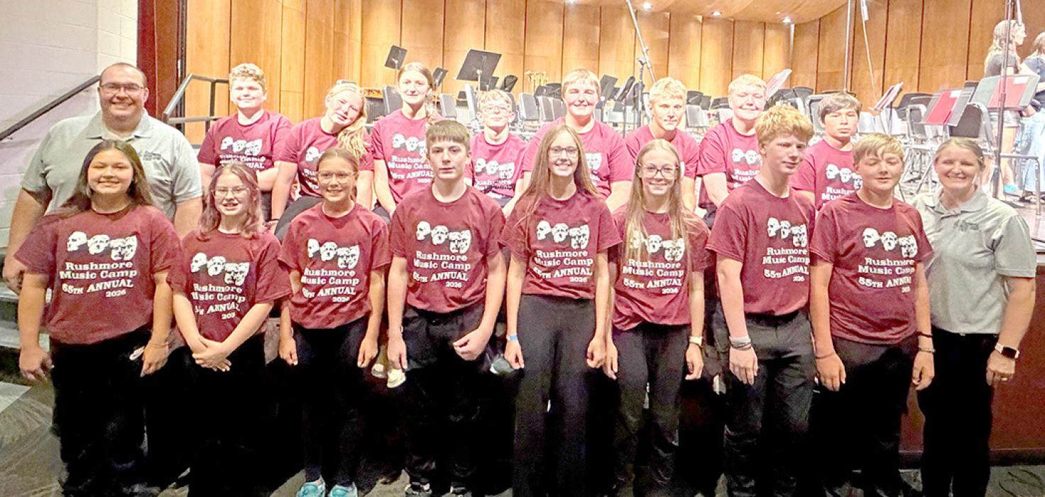 Sixteen Gregory students attended the junior high Rushmore Music Camp the week of August 2 through 7 at Northern State University in Aberdeen. Front row, l to r: Kareen O’Connor, Aria Spinsby, Sutton Braun, Christian Ring, Hannah Hull, Mya Warnke, Aiden Schwader, William Hanson, and Katie Opp. Back row, l to r: Jared Opp, AJ Timanus, Harper Wenger, Addyson DuFrane, Robby Ring, Ian Opp, Kade Beck, Tucker Smikle, and Joe Braun.