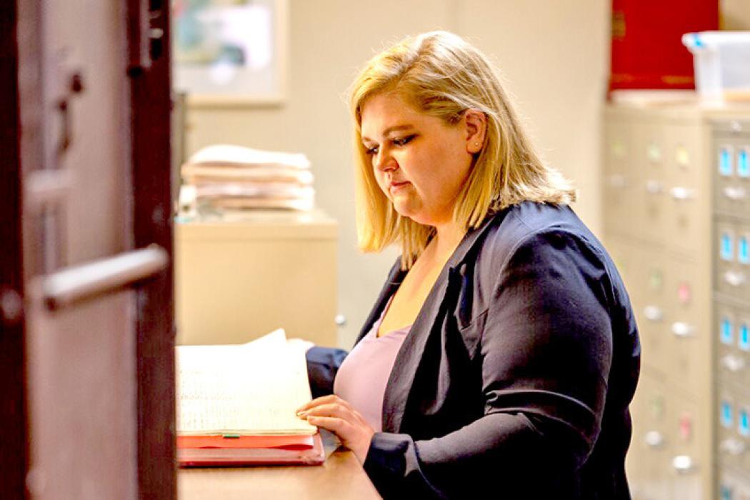 Rachelle Norberg in her office in Burke, S.D., her hometown and where she practices law thanks to the Rural Attorney Recruitment Program. (Jesse Haksgaard)