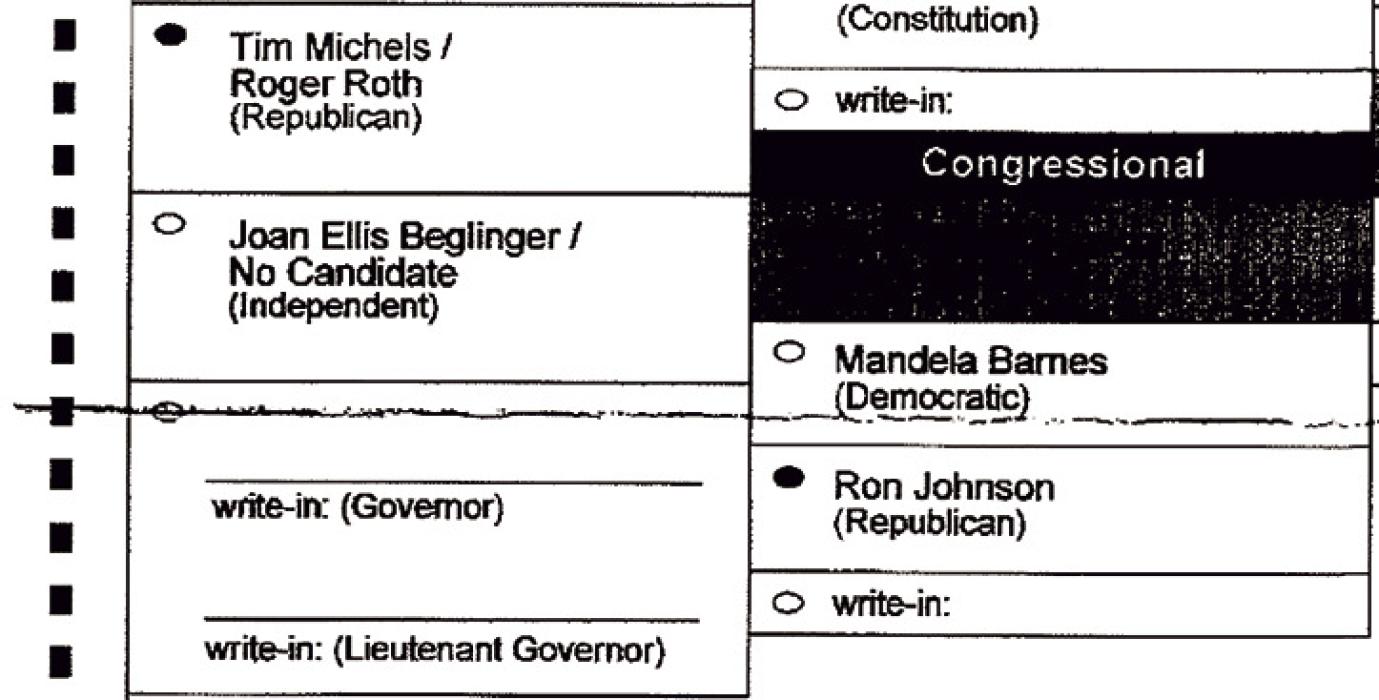 This ballot has a fold line across an oval, which the machine read as a vote and considered it an over vote with two ovals marked.