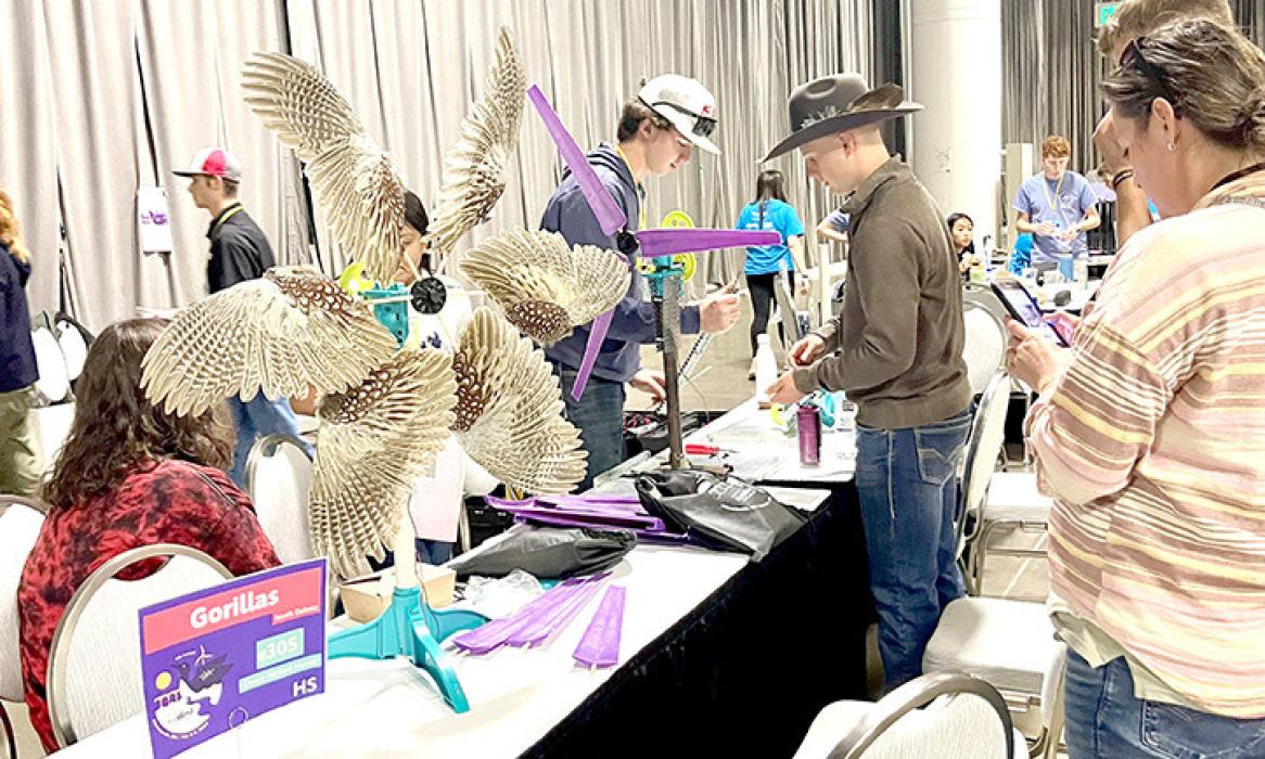 The students brought two turbines to the competition, one made out of lick tubs, and the other made of pheasant wings.