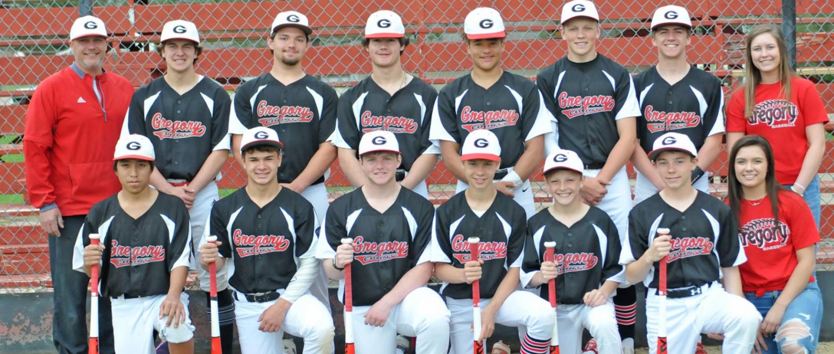 Gregory County Varsity baseball team participants include back row, l to r: Coach Neil Hylla, Brogan Glover, Rhoss Oliver, Rylan Peck, Gunner Stephens, Kade Braun, Gannon Thomas and Bobbi Wischmann (stats). Front row, l to r: Alex Songer, Trey Murray, Nathan Fortuna, Lincoln Juracek, Eli Ekroth, Sawyer Tietgen and Brynn Hylla (stats). Not pictured: Ben Witt, Reed Benter and Pierce Stukel.