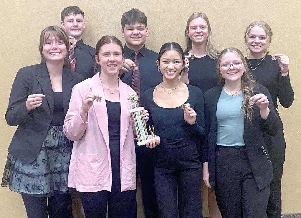 Gregory High School’s oral interp. team won the District 9B competition in Oacoma. Students who participated are back row, l to r: Cruz Klundt, Eli Barreto, Mya Determan, and Kaydence Klein. Front row, l to r: Piper Bartlett, Danielle Timanus, Cindy Khuu, and Madisan Graber. (Submitted photo)