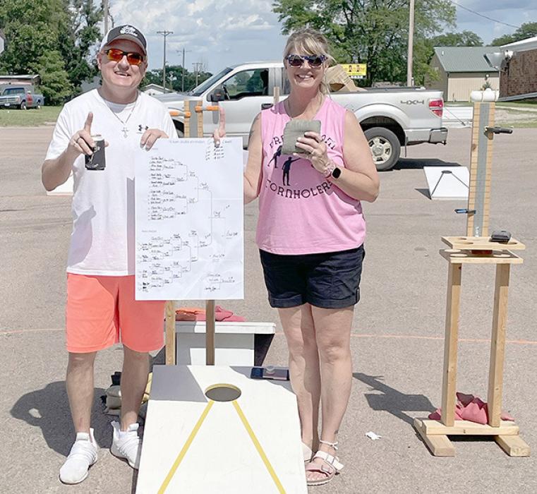 Thirteen teams signed up for the bean bag tournament held at Gregory Lanes on Saturday, July 6, 2024. The team of Chad and Nelly Olson of Chamberlain, SD, were tournament champions.