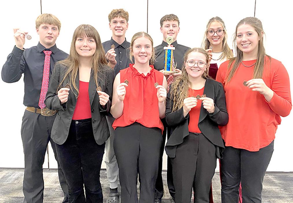 Oral Interpretation District winners were, back row, l to r: Bo Brozik, George Timanus, Cruz Klundt, and Aubree Miller. Front row, l to r: Piper Bartlett, Dani Timanus, Madi Graber, and Ella Sperl. (Photo by Ronda Graber)