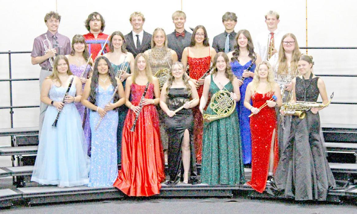 Senior band members are back row, l to r: Pierce Stukel, Heydan Westfall, Eli Ekroth, Lincoln Juracek, Luke Barreto, and Mason Janak; middle row, l to r: Piper Bartlett, Shyanne Steffen, Asia VanDerWerff, Aubree Miller, Ella Sperl, Riki Bruns; front row, l to r: Emily Grim, Ellie Talsma, Addy Stukel, Madi Graber, Dani Timanus, Aubree Opp, and Hayleigh VanOverschelde.