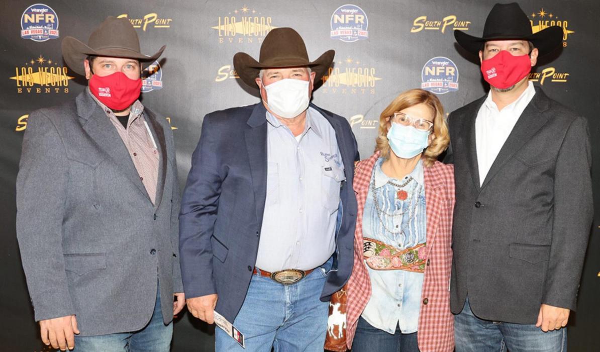 Bill and Renee Sutton, representing the Burke Stampede Rodeo Committee, accepted the 2021 Sowing Good Deeds Award from Matt LeCroy, director, marketing hay and forage for Massey Ferguson North America, and Dane Mosel, tactical marketing manager hay and forage for Massey Ferguson North America, during the PRCA Awards Banquet.