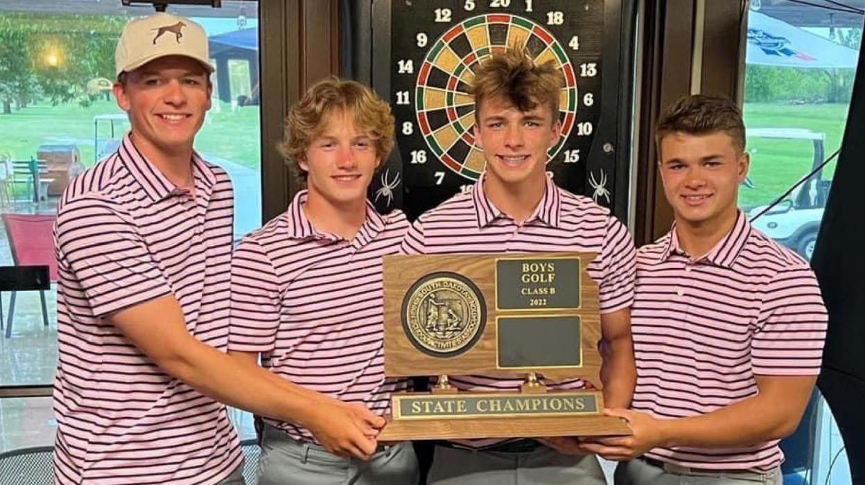 The Gregory boys golf team of Coy Determan, Kade Stukel, Eli Fogel, and Trey Murray, shown l to r, won the state golf tournament, tied for the individual title (Coy), and all placed in the top 15.