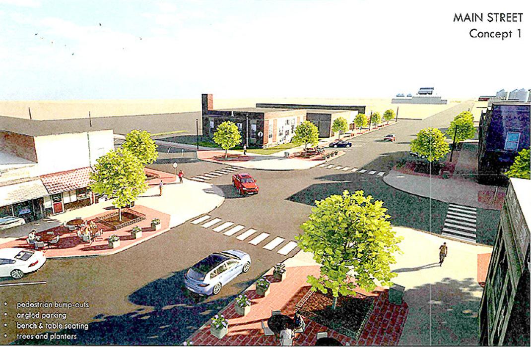 All of the concepts presented for the intersection at 6th and Main have these bumped out areas on all four corners, narrowing the crossings, slowing traffic, and allowing for benches, trees, and other greenery.