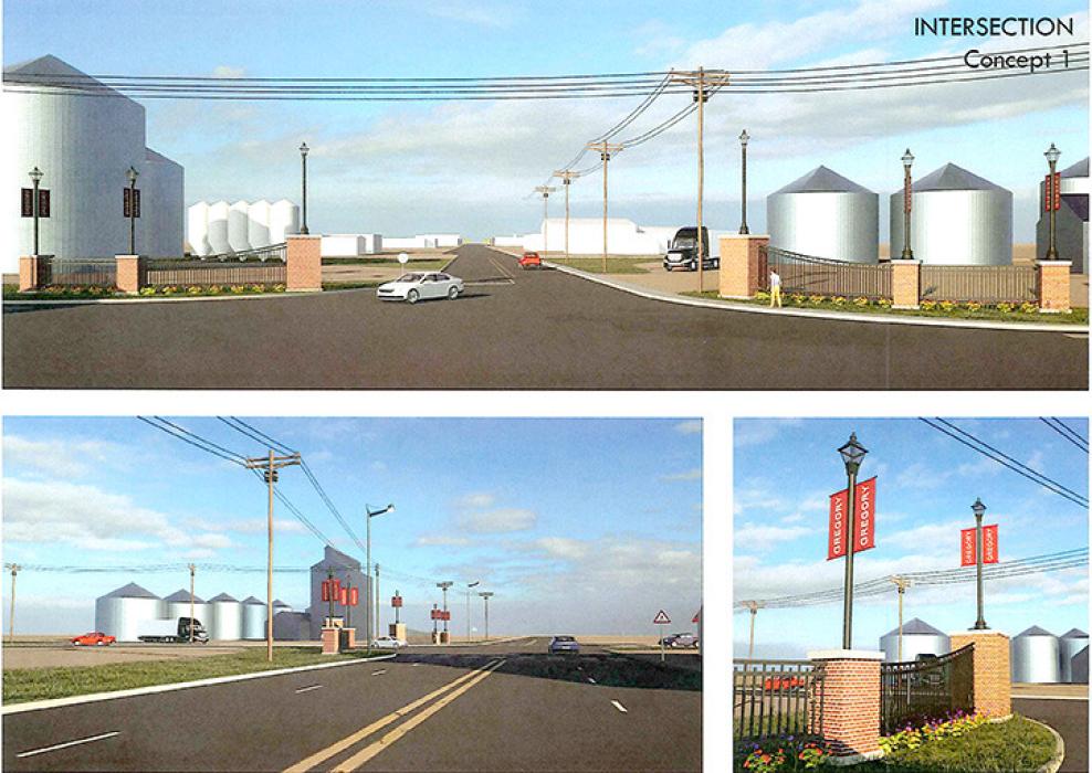 The concepts for the intersection at Highway 18 seek to draw attention away from the grain bins and entice drivers to turn into town.
