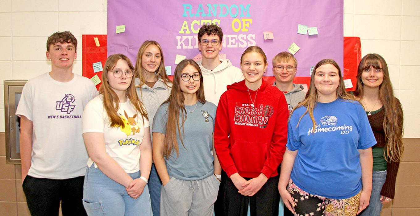 Hope Squad members are pictured l to r: Jacob Klein, Charissa Ring, Asia VanDerWerff, Kennley Sedlacek, George Timanus, Abigail Engel, Dylan Johnson, Naomi Hanson, and Piper Bartlett. Not pictured: Nicole Eagle Star (member) and advisors, Valerie Johnson and Kurt Stukel.