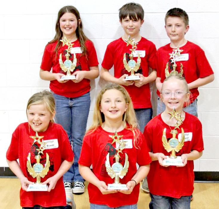 The 3rd graders with their 1st place trophies: Livvy Knight, Gunner Veskrna, Christian Ring, Rowan Wenger, Milly Meyer, Whitlee Hakuus.