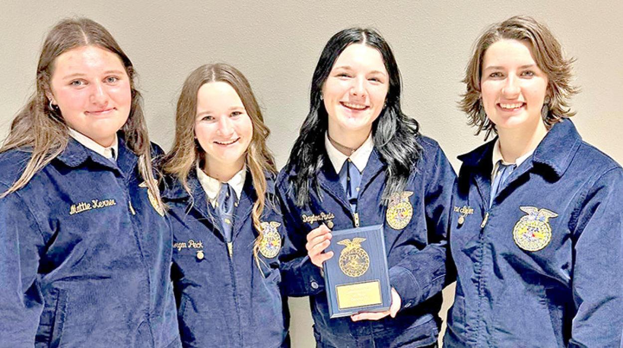 The Ag Communications team of Mattie Kerner, Morgan Peck, Daytona Parish, Shyanna Steffen earned a first place and will advance to the state competition.