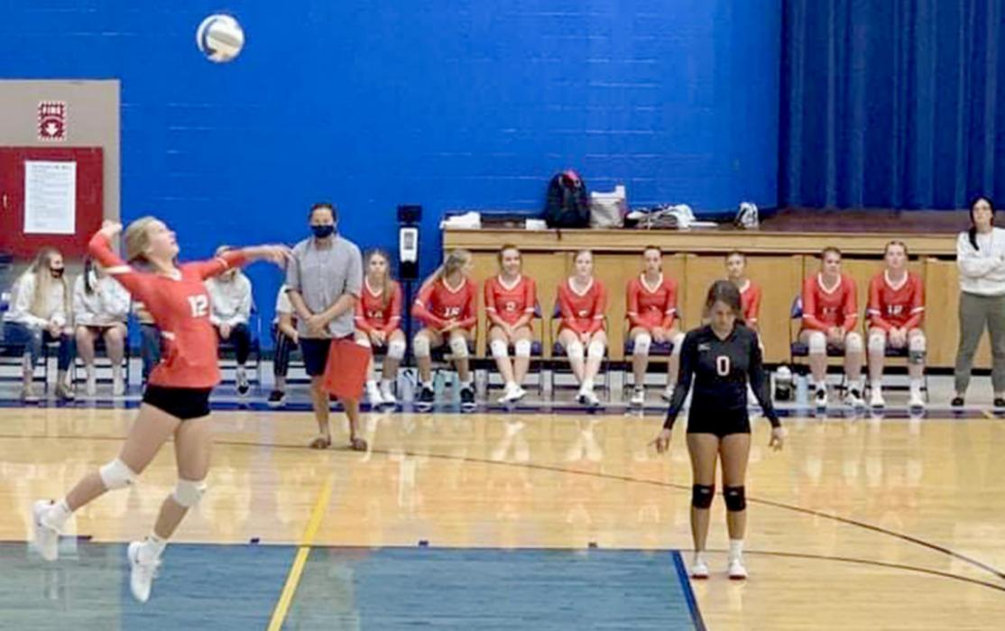 Brooklynn Kenzy serves in the Spikers’ win against Todd County on September 21. She has 13 ace serves so far this season with 86.2% accuracy