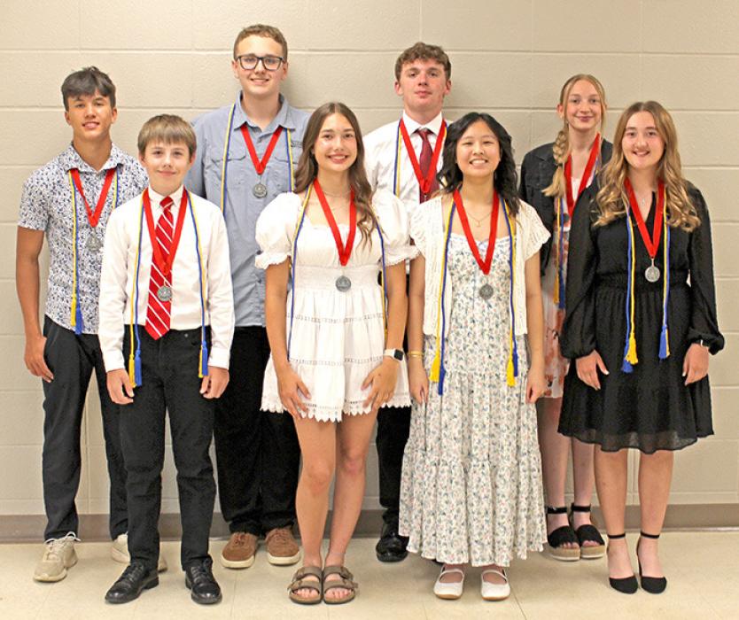 Those students earning high honors were recognized for maintaining a 3.5-3.9 gpa during their middle school years. Back row, l to r: David Biggins, Rance Miller, Jacob Klein, and Jerilee Hanson. Front row, l to r: Joseph Stevicks, Kennley Sedlacek, Vivian Nguyen, and Jaelyn Birkeland.