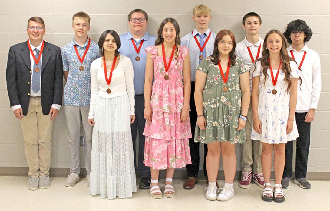 Eight grade students recognized for maintaining a 3.0-3.49 gpa throughout their middle school years. Receiving honors were, back row, l to r: Tyce Schweigert, Wyatt Beck, Austin Vosika, Avery Sengelmann, Logan Hanson, and Kaleb Bettelyoun. Front row, l to r: Leah Kaluiokahlani, Brynn Bearshield, Nicole Eagle Star, and Abigail Holmes.