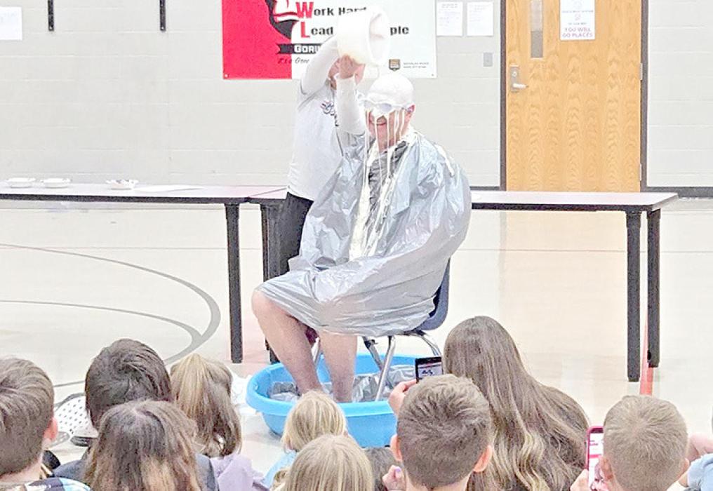 The Gregory Elementary School students participated in a Kids Heart Challenge for the American Heart Association fundraiser and raised $4009. Principal Jeff Determan challenged the students with a goal, and the class that raised the most would get to slime him. Fourth grader, Havorly Heyden, is shown here doing the honors.