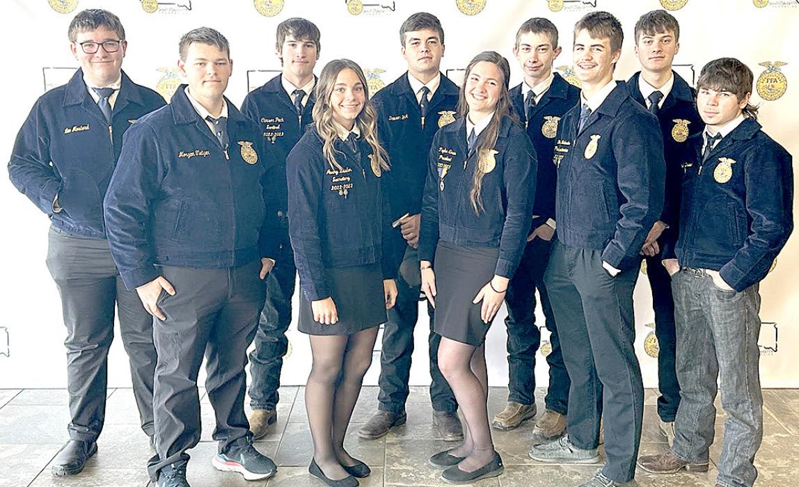 Gregory County FFA members who attended the state convention are, back row, l to r: Leo Mosterd, Carson Peck, Dawson York, Cody Williams, and Nick Kenzy. Front row, l to r: Morgan Tietgen, Avery Zeisler, Taylor Even, Breven Bolander, and Ash Simison. (Submitted photo)