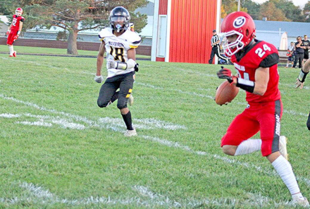 Eli Ekroth, #24, had two pass receptions for a total of 77 yards in Gregory’s win against Wolsey-Wessington.