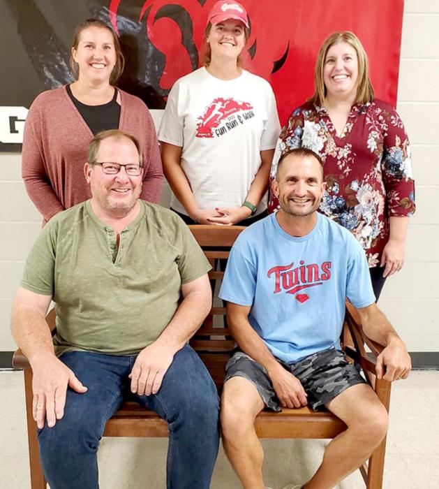 The Gregory School District Board of Education is pictured above, back row, l to r: Board President Karen Timanus, Katie Bolander, Vice President Cara Hull. Front row, l to r: Todd Schweigert and Jason Frasch. Timanus and Schweigert, who ran unopposed in the April election, were sworn in at the July board meeting.
