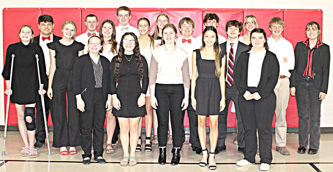 Members of the Oral Interp. team are shown back row, l to r: Eli Barreto, Cruz Klundt, Jackson Bolander, Mya Determan, Jess VanderPol, Aubrey Miller, Bo Brozik, and Piper Bartlett. Middle row, l to r: Ashtyn Waldner, Kaydence Klein, Ella Sperl, Addy Stukel, Jaden Graber, and Owen Hansen. Front row, l to r: Madisan Graber, Marissa Zimmerman, Dani Timanus, Cindy Khuu, and Ravyn Oliver.