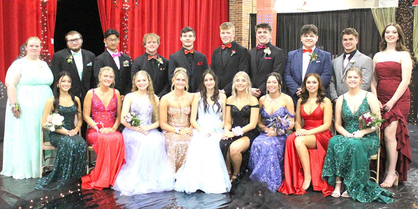 GHS seniors attending the 2024 prom were back row, l to r: Dori Bruns, Owen Winters, Mungun Munkhbat, Nathan Fortuna, Rylan Peck, Kade Braun, Gannon Thomas, Eli Barreto, Trey Murray, and Natalie Smith. Front row, l to r: Cindy Khuu, Jordan Svatos, Kaydence Klein, Raesha Beck, Paige Rezac, London Flakus, Savannah Schrader, Ashton Eklund, and Mya Determan. (Photo by Alexis Kortan)