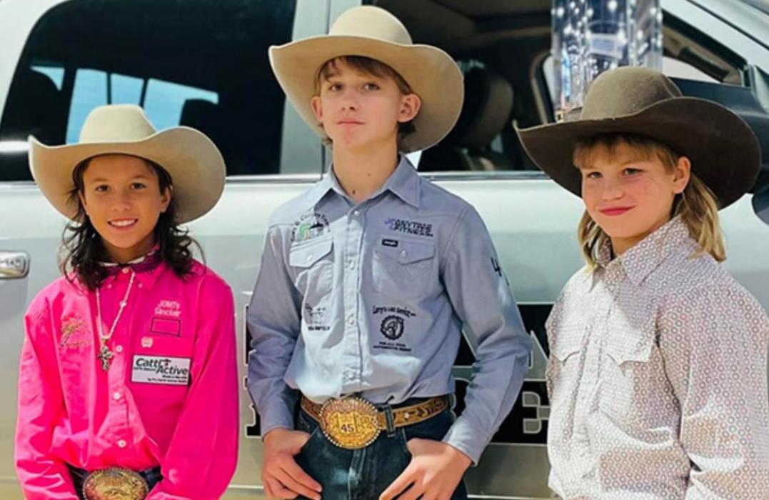 Shown above, l to r: David Biggins, Ryggan Lambley, and Taos Weborg competed at the Junior World Finals in the Junior World Roughstock Finals in Las Vegas December 2-6. Aidyn Garwood is pictured separately on the left.