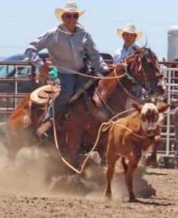 Linkyn Petersek of Colome placed 1st place in the tie-down roping at the White River High School Practice Rodeo.