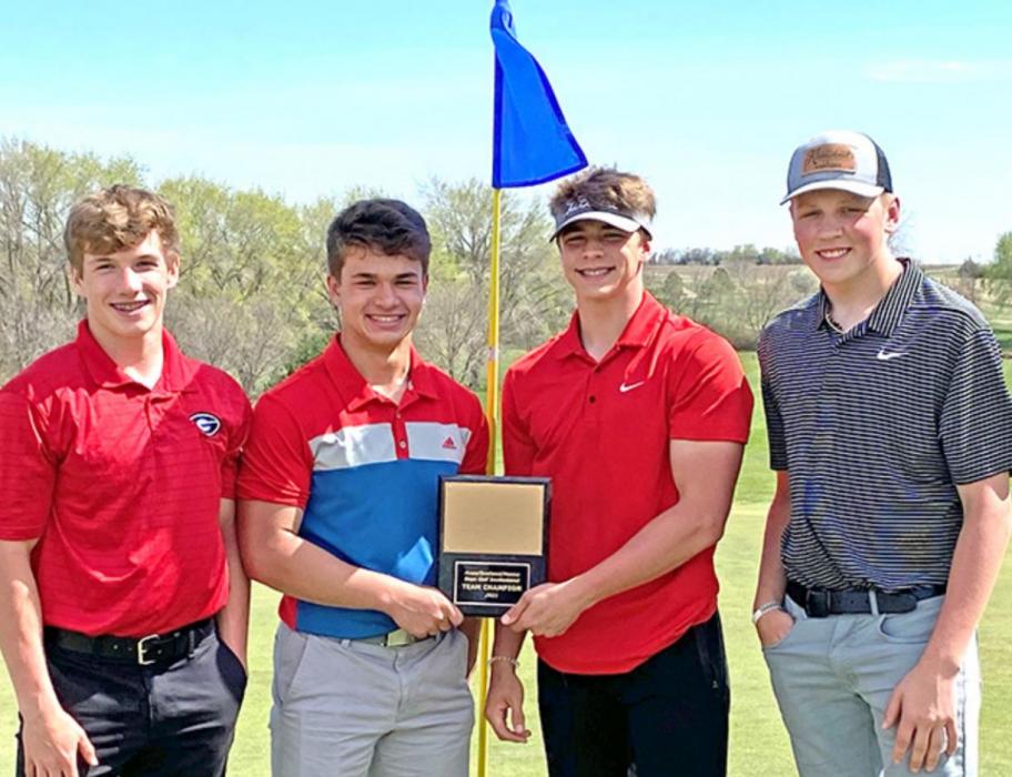The Gregory boys golf team won first place shooting a 237. The team consists of, l to r: Kade Stukel, Trey Murray, Eli Fogel and Kade Braun. Fogel took first place shooting 36-36 for a 72.