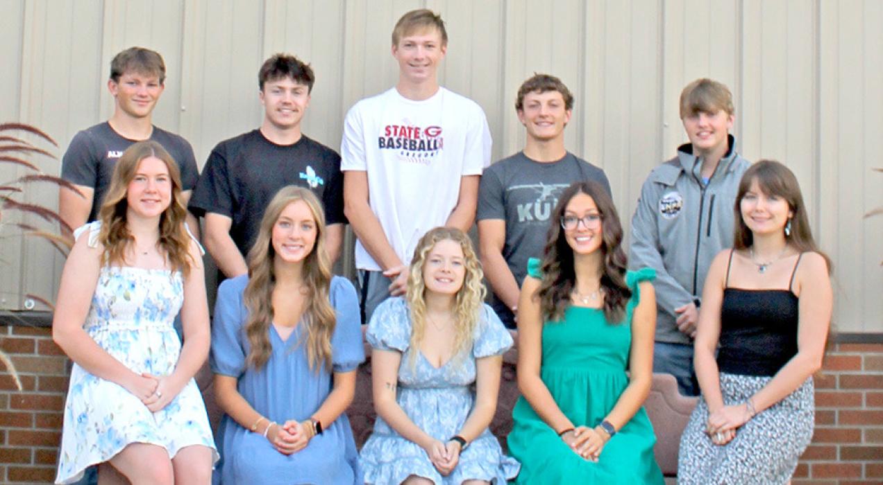 This year’s Homecoming court is, back row, l to r: Mason Janak, Pierce Stukel, Colt Keiser, Eli Ekroth, and Bo Brozik; front row, l to r: Dani Timanus, Asia VanDerWerff, Aubree Opp, Aubree Miller, and Piper Bartlett. Coronation will be held on Thursday, September 18, 2025, at 7:30 p.m. this year rather than Monday of Homecoming week.