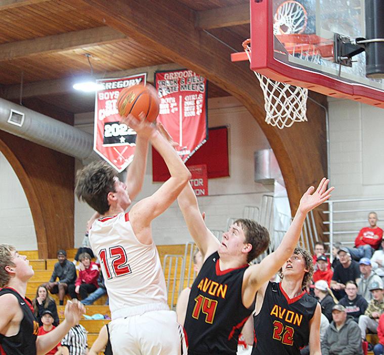 Cole Serr goes up for two in Gregory’s win against Avon at home last Tuesday. (Photo by Gracie Stephens)