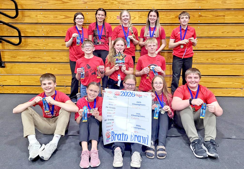 Gregory’s middle school teams are back row, 8th grade champions, l to r: Emma Brozik, Hadley Braun, Gracelyn Lanz, Ava Schweigert, and Otto Reber; middle row, second place 7th grade team, l to r: Robbie Ring, Harper Wenger, and Emmett Shaffer; and front row, 6th grade champions, l to r: Dylan Bolander, Sutton Braun, Kate Engel, Mayme Reber, and Ian Opp.
