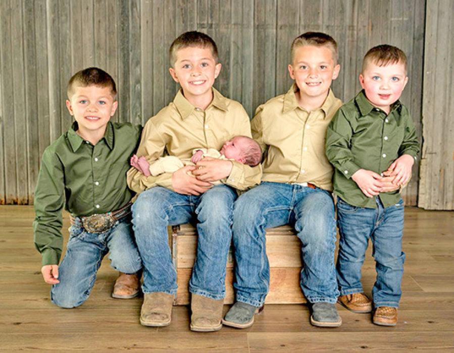 Kaylea and Phillip Hannahs’ boys are, l to r: Lane, Kord (holding Brooks), Rylan, and Riggs.
