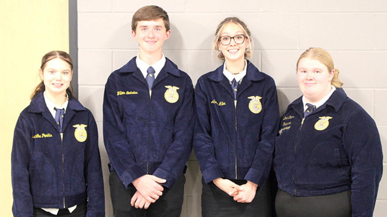 The Ag Issues team of Sam Parkis, William Sinkular, Aubree Miller, and Dori Bruns, shown above l to r, placed first in their event and will move on to the state event.