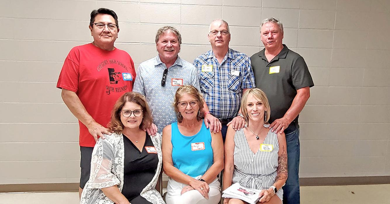 The Class of 1980 celebrated 45 years at the All-School Reunion. Those in attendance were, back row, l to r: Willie Bearshield, Doug Pochop, Bob Petersen, Dave Kirkpatrick. Front row, l to r: Lori (Smolik) Bearshield, Cheryl (Brozik) Sperl, and Darla (Raschke) Jordan. 