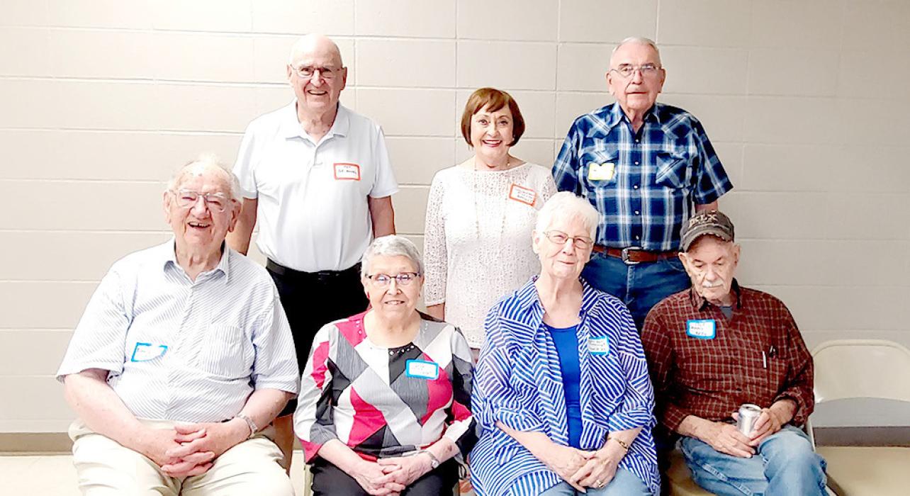 The class of 1957 attending the All-School Reunion were, back row, l to r: Bill Henrich, Betty (Van Cleave) Sattler, and Jack Raymond. Front row, l to r: Ron Shaffer, Maggie (Lapour) McKee, Carolee (Serr) Cavanaugh, and Dennis Kelly. 