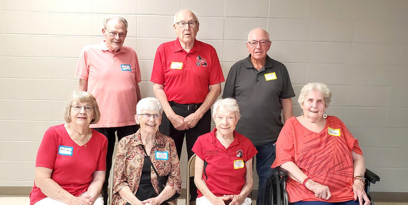 Members of the class of 1959 attending the reunion were, back row, l to r: Eldred Scott, Berle Johnson, and Ronnie Shattuck. Front row, l to r: Barb (Johnson) Matson, Deletta (Raymond) Campbell, Barbara Sattler, and Mavis (Nelson) Klein. 