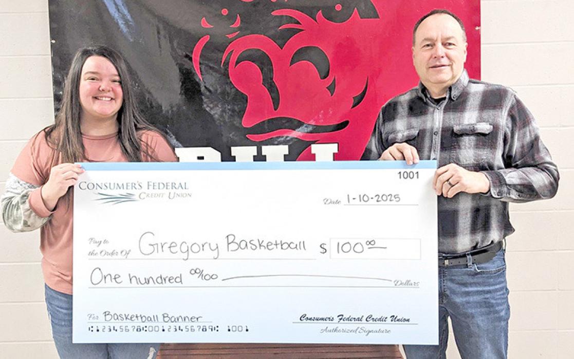 Consumer’s Federal Credit Union of Gregory recently donated to the Gregory High School Basketball program for banners. Representing CFCU is Jacklynn Dressen (left) and Lonnie Klundt, girls head basketball head coach, and boys assistant coach.