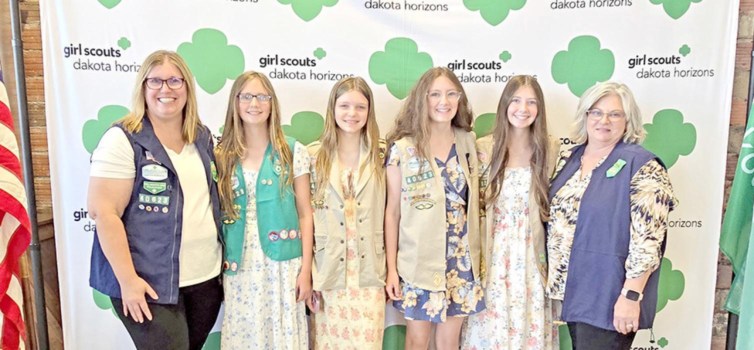 Girl Scout Troop #40623 attended the Dakota Horizons Honoring Excellence Ceremony in Moorhead, MN. Hannah Hull, Aurora Gonzalez and Michaela Hull received their Bronze Awards and Maya Hull received her Silver Award. The girls collaborated with the Gregory Public Library last summer on their project entitled “Get off Gadgets; Get Outside.” Troop leaders are Cara Hull and Karen Robertson.