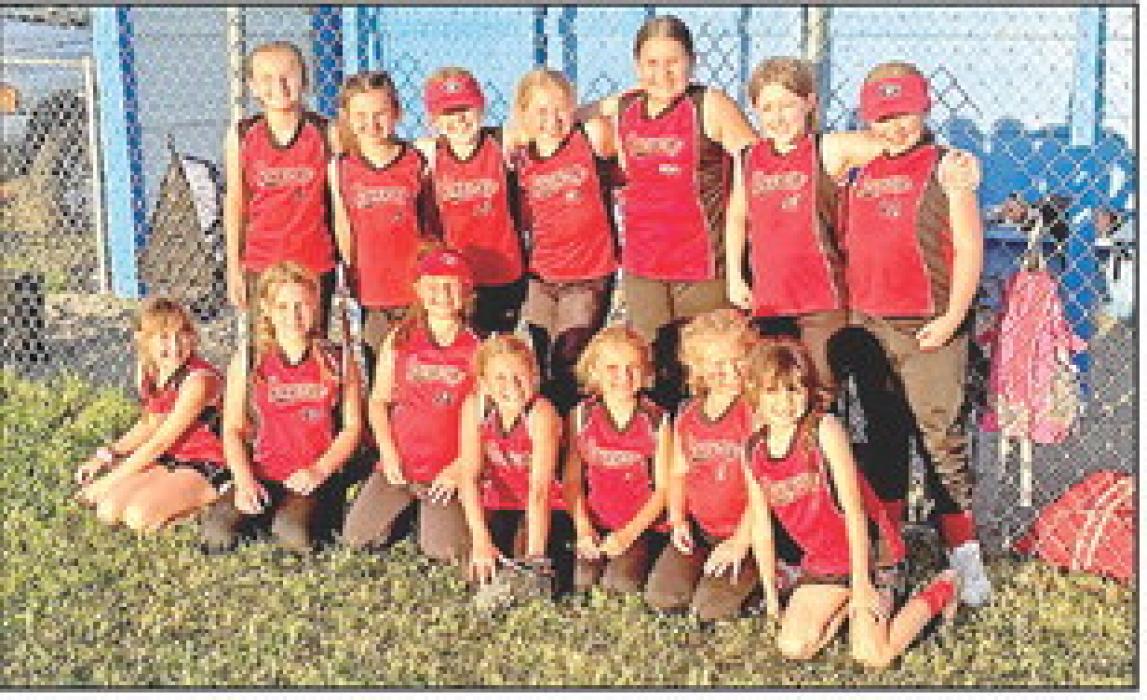 10U won 4 - 2 on Monday, June 23, 2025. Back row l to r: Meadow Wonnenberg, Jessa Bartling, Rowan Wenger, Everly Veskrna, Lashia Graesser, Destiny Schwader, and Havorly Heyden. Front row l to r: Zyleigh Lubbers, Serenity Schwader, Bria Opp, Brenlee Braun, Finley Frasch, Aspyn Joiner, and Zoe Lubbers.