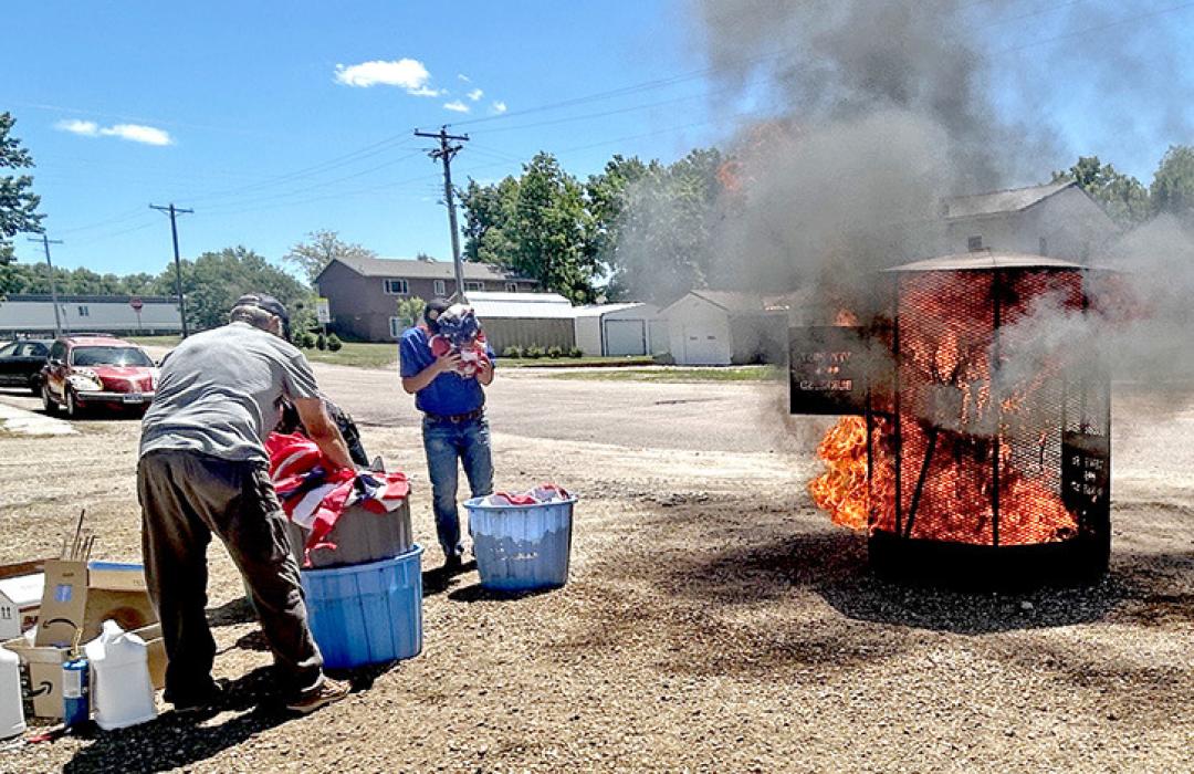 The Burke VFW and Legion held their annual US Flag Disposal Ceremony on June 14th, 2026 on the south side of the Burke VFW building. There were about 15 people in attendance. Eight large tubs holding approximately 400 flags were properly disposed of. It took about 20 minutes. The Burke Fire Department and the Burke Police Chief were on hand to assist.